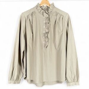 Xirena M Caspian Tan Long Sleeve Ruffle Peasant Career Academia Cotton Blouse